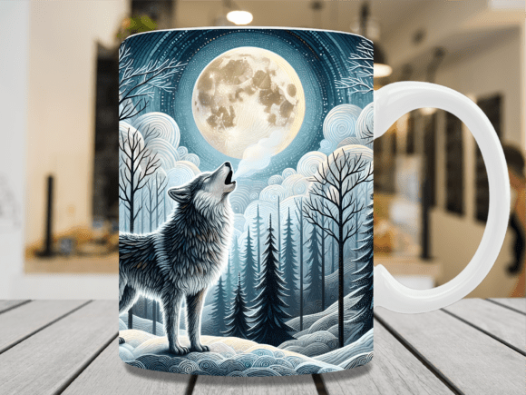 Download Winter Snowy Wolf Moon Pines Mug Wrap - Moon Collection